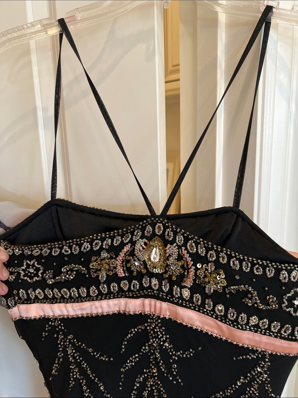 Sue Wong Black Gown with Pink Ribbon and Beaded Bodice - Picture 3 of 5